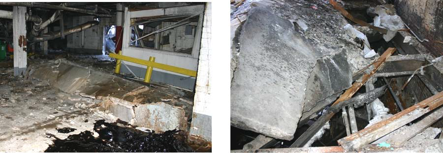 Three inch 7 cm thick ceiling slabs were torn from their steel supports by the pressure of the explosion