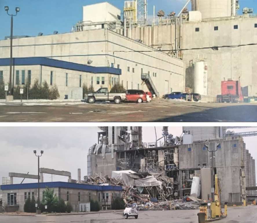 explosion in the mill and secondary explosions and a fire in various parts of the plant